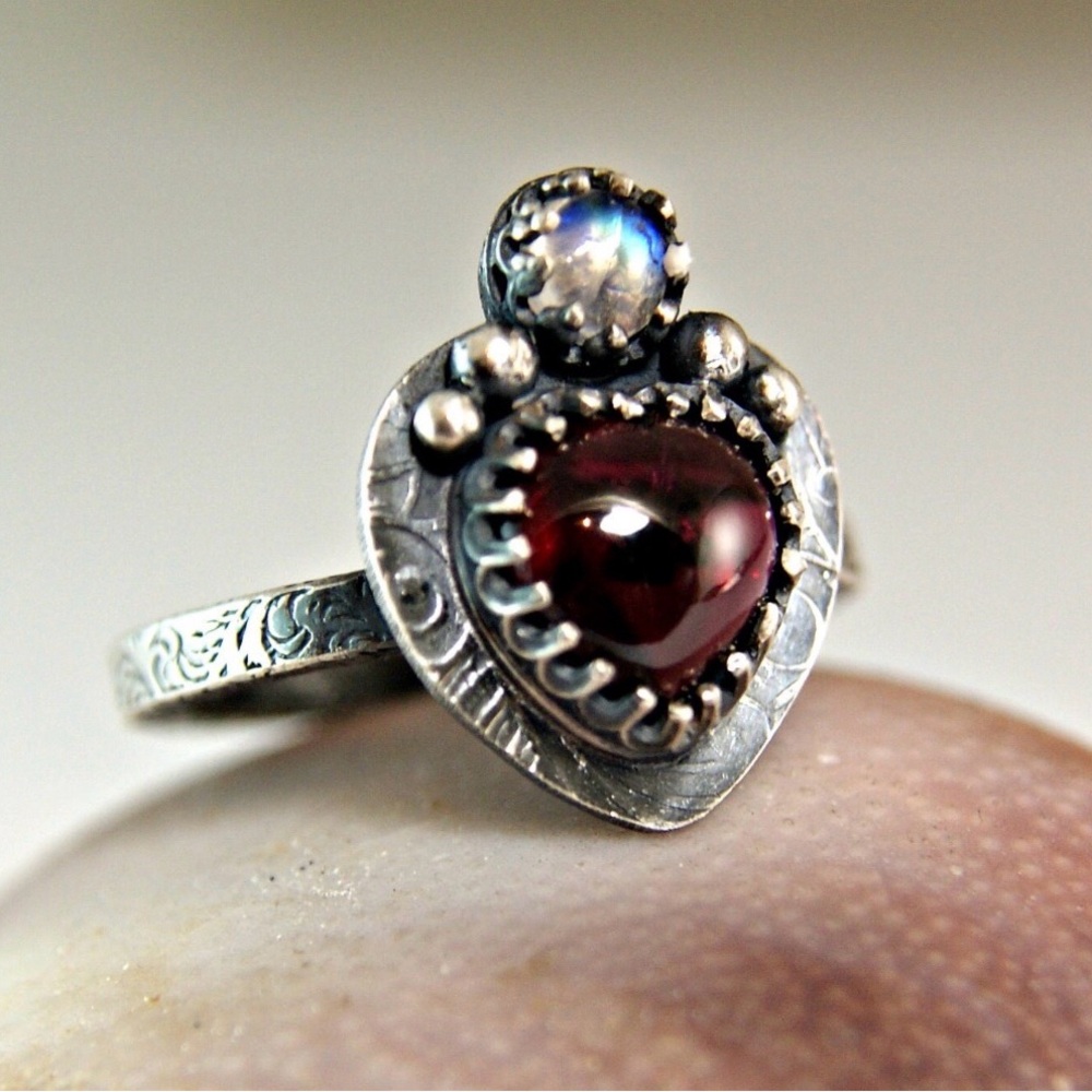 Hand Made Sacred Heart Garnet with Moonstone SterlingSilver Ring. Size 8 - Picture 3 of 5